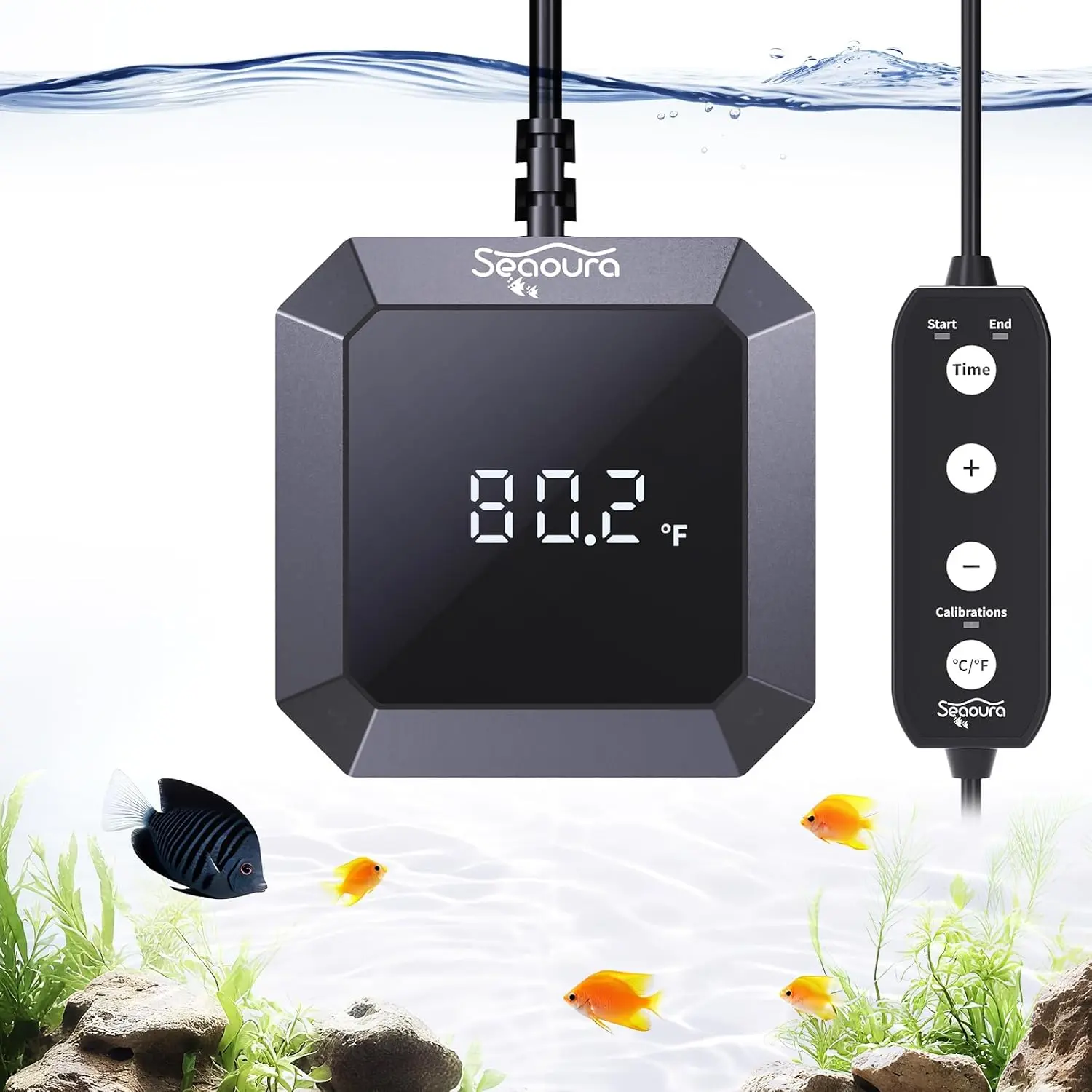 SEAOURA Submersible Digital Aquarium Thermometer Remote Control Water Temperature Gauge with Calibration Function ℃/℉ Switch Accurate Monitor for Fish Tank Turtle Aquarium pool