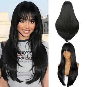 AUVZY Long Straight Layered Wig with Bangs for Women 26 inch Put on Go Realistic Synthetic Fiber Heat Resistant Natural Wig for Girls Party Cosplay and Daily Use