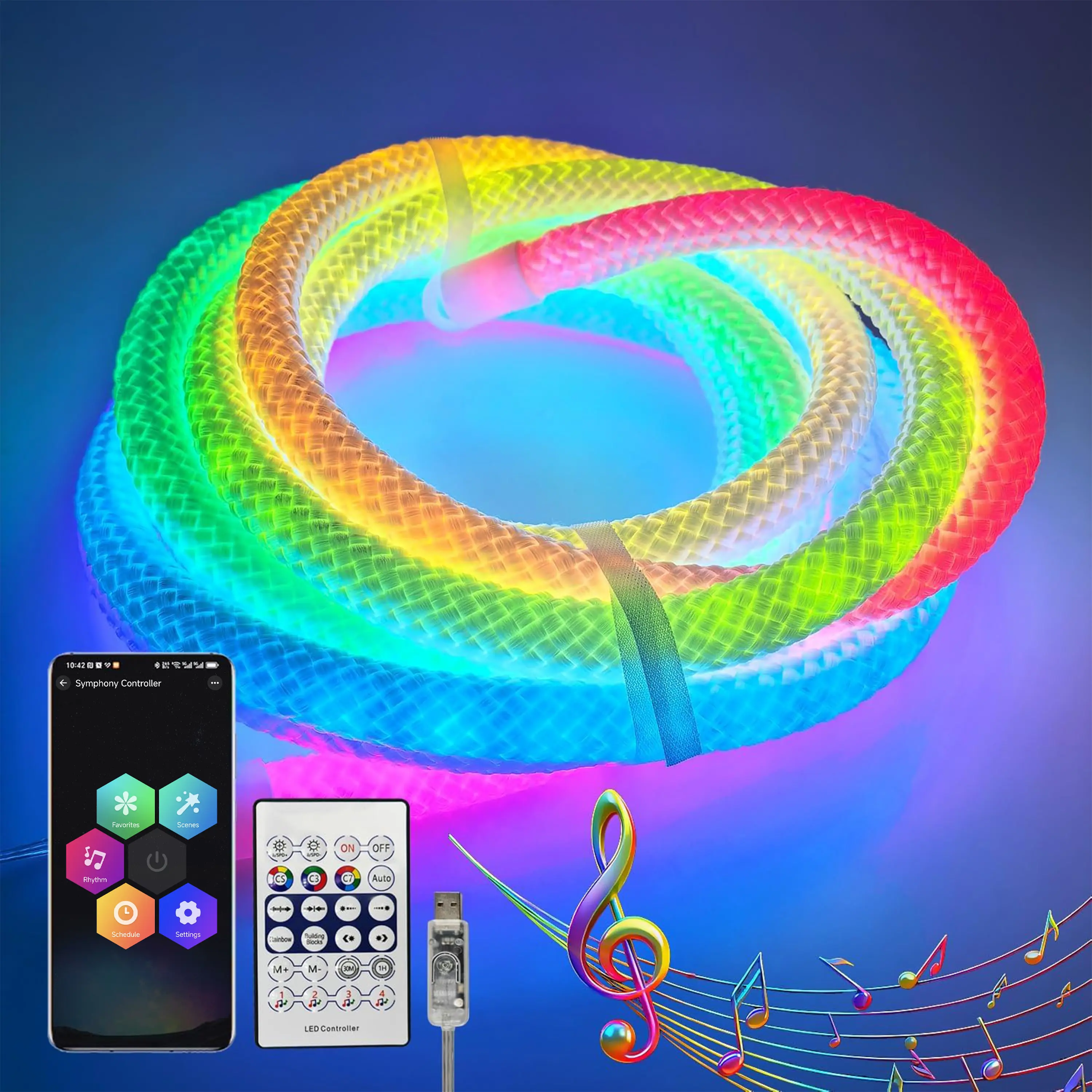 DKD 23FT (7M) RGB LED Braided Rope Light, App & Remote Control, Music Sync Color-Changing Ambient Light for Bedroom, Gaming Room, Party & Home Decor, USB Powered