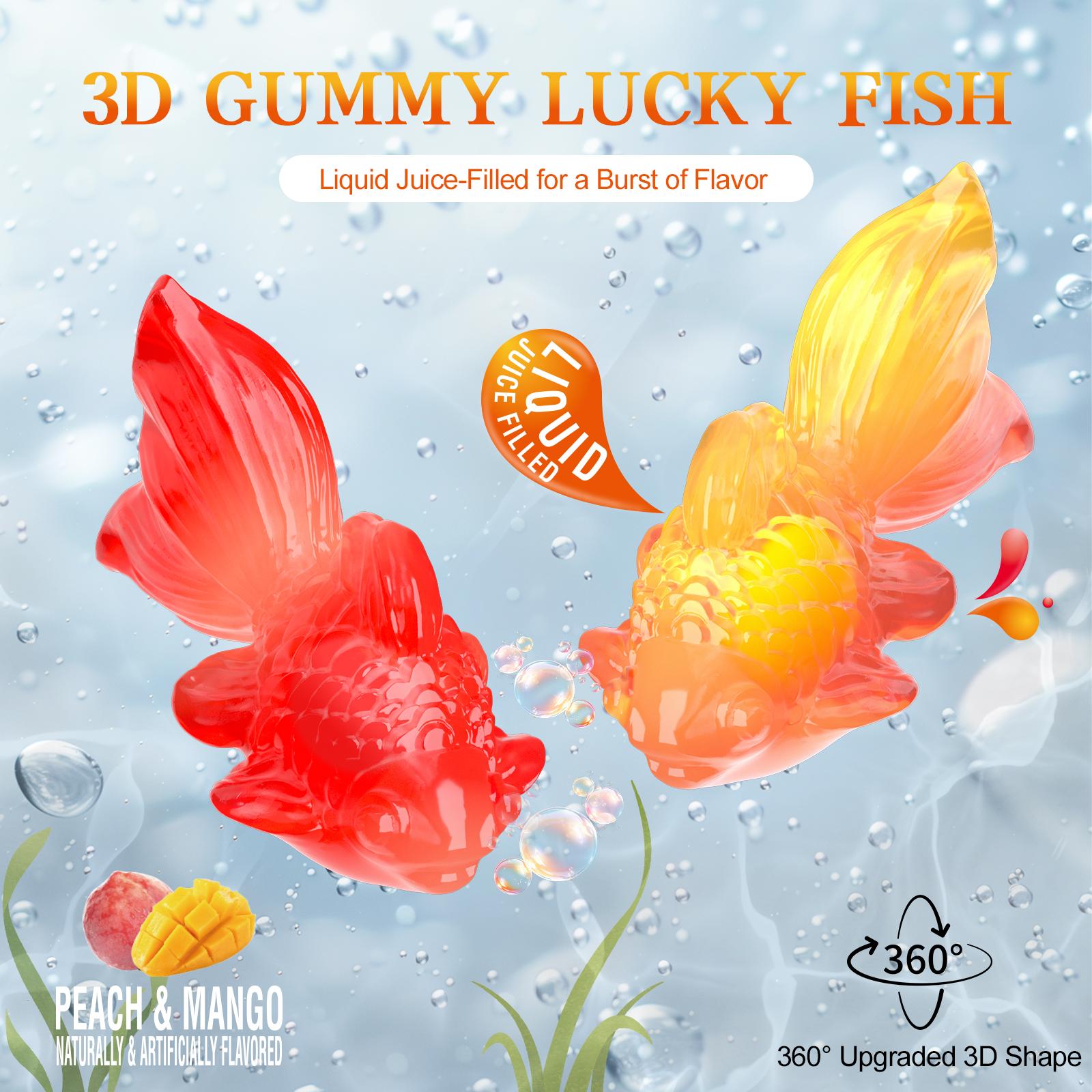 Amos 4D Lucky Fish Gummy – Real Juice Filled, 3D Shaped Goldfish Candy for Fun & Drinks(Peach & Mango Flavor, 65g) Perfect Sweet gift Snack Fruit