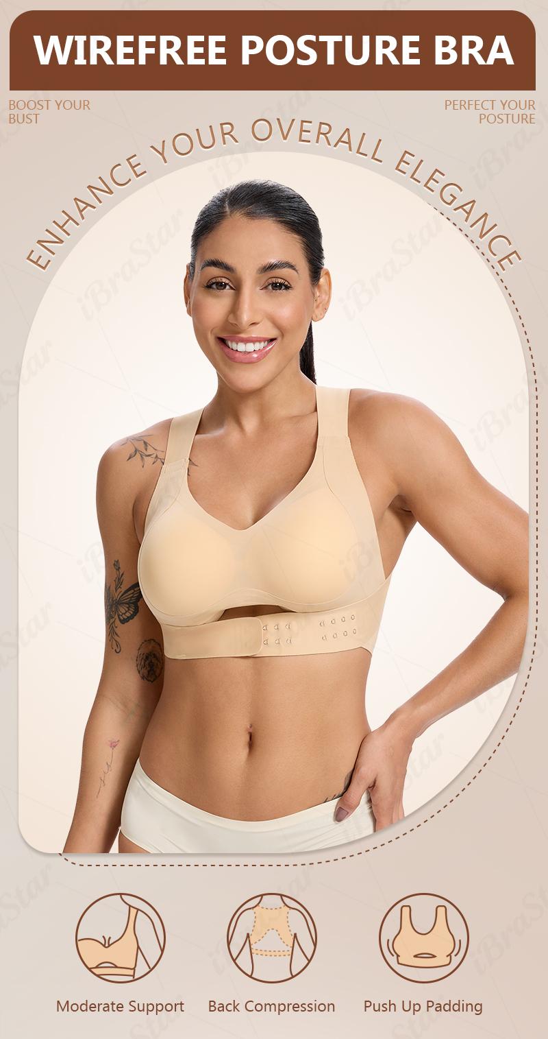 【Postural correction】Women’s Beige Wireless Bra, Soft Breathable Non-removable Moulded Cups, Yoga Fitness Sportswear for Gym & Daily Training