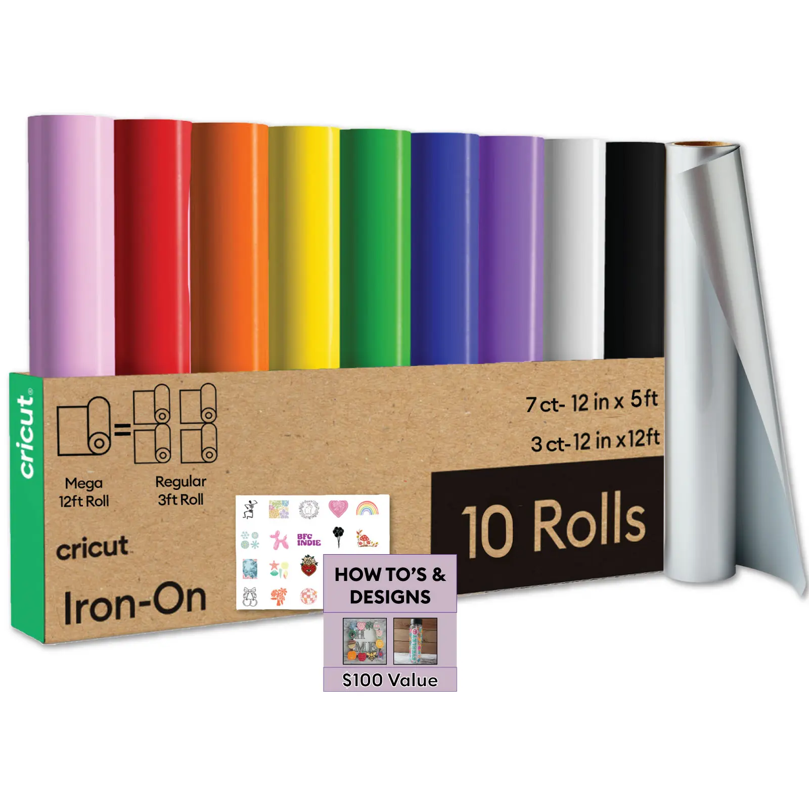 Cricut Heat Transfer Vinyl Bundle, Rainbow HTV Rolls with Black & White Iron On Vinyl, Heat Transfer Vinyl for Cricut, Silhouette & All Cutting Machines, HTV for T-Shirts, Tote Bags & DIY Crafts