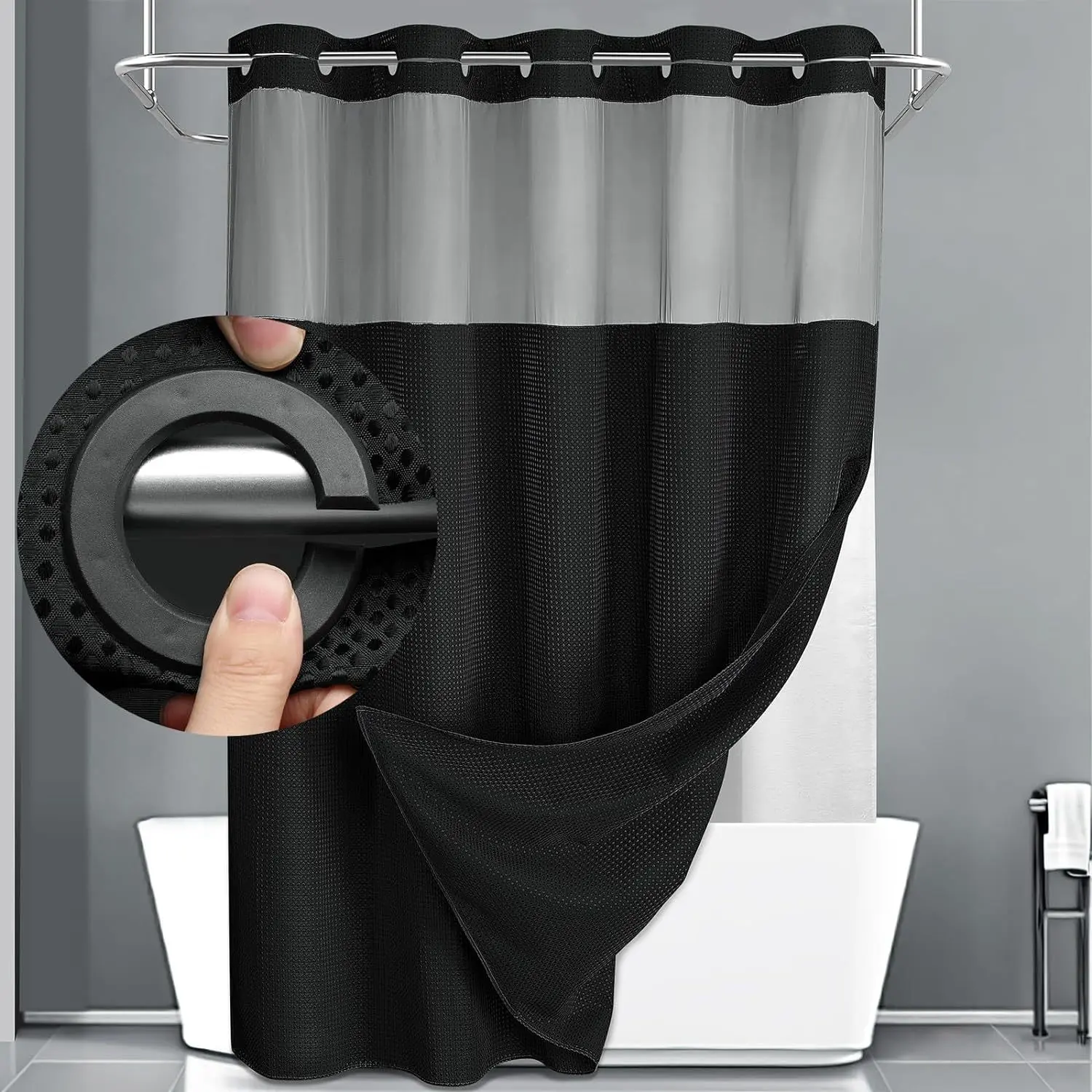 Black No Hook  Waffle Pattern Shower Curtain, 1 Count Modern Simple Bathroom Curtain with Snap in Liner Set, Shower Curtain Liner, Bathroom Decor, Size Adaptability Bathroom Accessories for Hotel Salon Room Home Decor