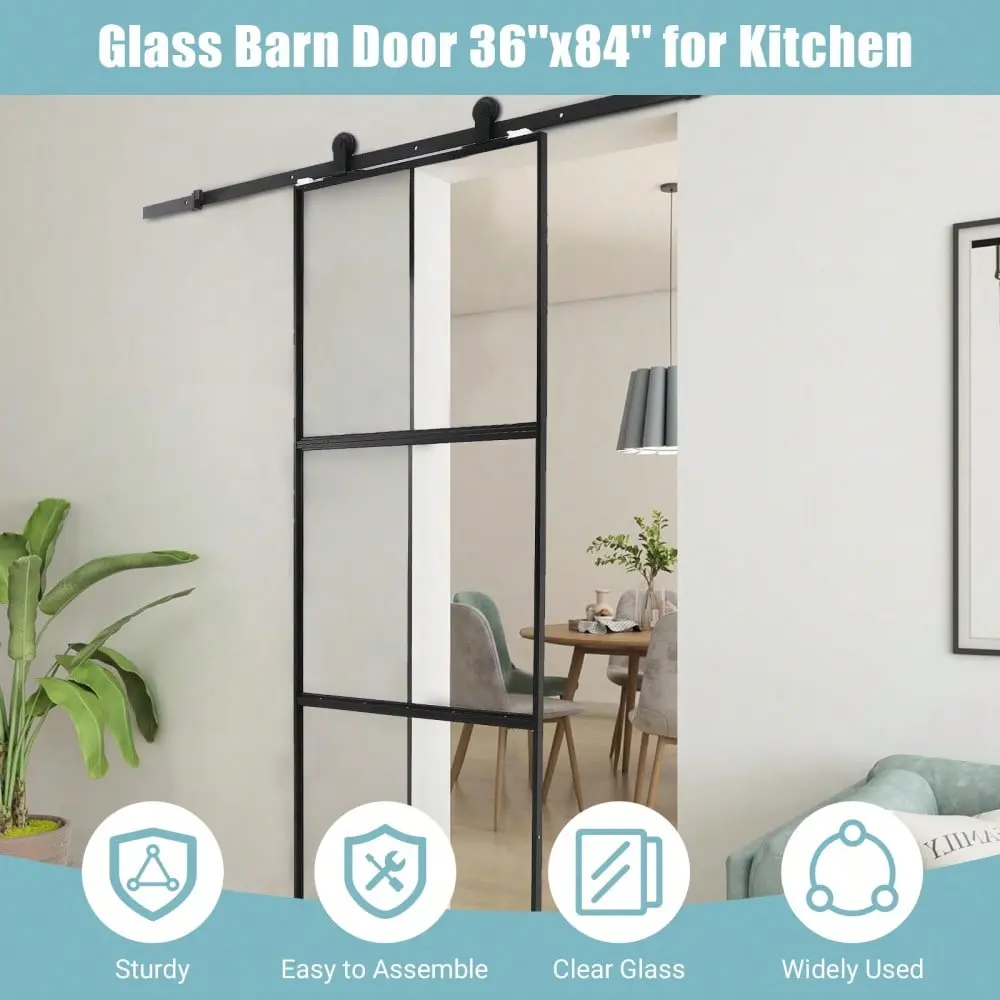 Gaomon 36'' x 84'' Contemporary Tempered Glass Sliding Barn Door with 6 ft Top-Mounted Hardware Kit, Soft-Close Mechanism, Metal Frame, 3-Window Design, Easy Assembly for Kitchens, Living Rooms, Home Decor, Windows, Doors
