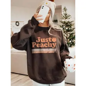 Women's Just Peachy Letter & Peach Print Crew Neck Sweatshirt Casual Long Sleeve Pullover for Fall & Winter Loose Fit Polyester Blend