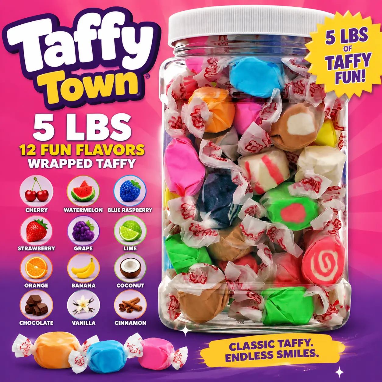 Taffy Town Salt Water Taffy 5 lb Bag  12 Assorted Flavors Individually Wrapped Bulk Candy | Soft & Chewy Party Treats