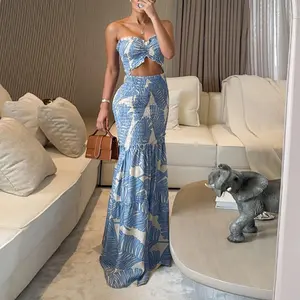 European and American fashion women's printed slim-fit bandeau dress with hollowed-out waist and ruffled hem, Women's Tropical Print Drawstring Ruched Shirred Frill Trim Bandeau Vacation Dress Cinched Waist Slim Fit Ruffle Hem Mermaid