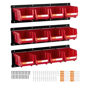 【fathersdaygift】VEVOR Wall Mounted Storage Bins,  , 12 Plastic Bins & 3 Metal Rails, Plastic Hanging Stackable Storage Bin for Screws, Nuts, Bolts, Nails, Hardware Tool Organizer for Workshop, Craft Room, Garage, Red