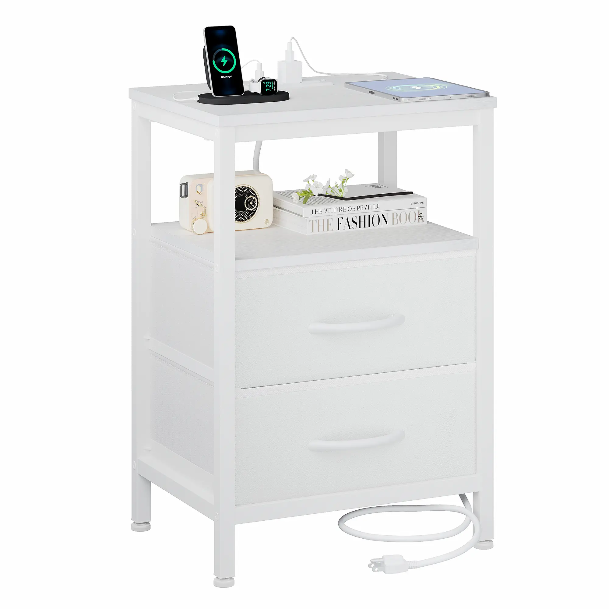 Sweetcrispy Black Wood Nightstand with Charging Station - 2 Fabric Drawers, 2 AC Power Outlets, USB Ports, End Side Table Dresser for Bedroom, Apartment Furniture, Small Room Organization Products