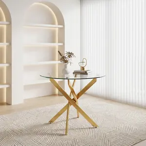 Modern Round Glass Dining Table 35.5 Inch, Tempered Glass Top with Gold Metal Legs, Kitchen & Small Space, Minimalist Style for Home Dining Room 1-4 people