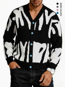 #SummerVibes Men's jacquard pattern knitted cardigan -V-neck long sleeved soft knitted fabric, suitable for daily wear and casual outings men's classic dress fashion fabric pink sweater, suitable for men's and women's Chino elegant loose top college style