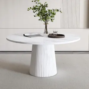 47 inch Round Dining Table for 4, Modern Farmhouse Kitchen Table with Marble Pattern Veneer & Wood Strip Base, Circle Dinner Table for Kitchen, Dining Room, Living Room in White fluted mesaredonda