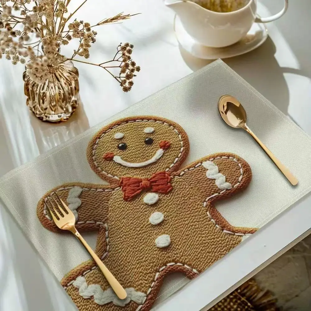 Set of 4 Gingerbread Man Placemats, Christmas Table Heat Insulation Mats, Flat Print Design, Create Festive Atmosphere, Holiday Decorations, Home Kitchen Decorative Placemat