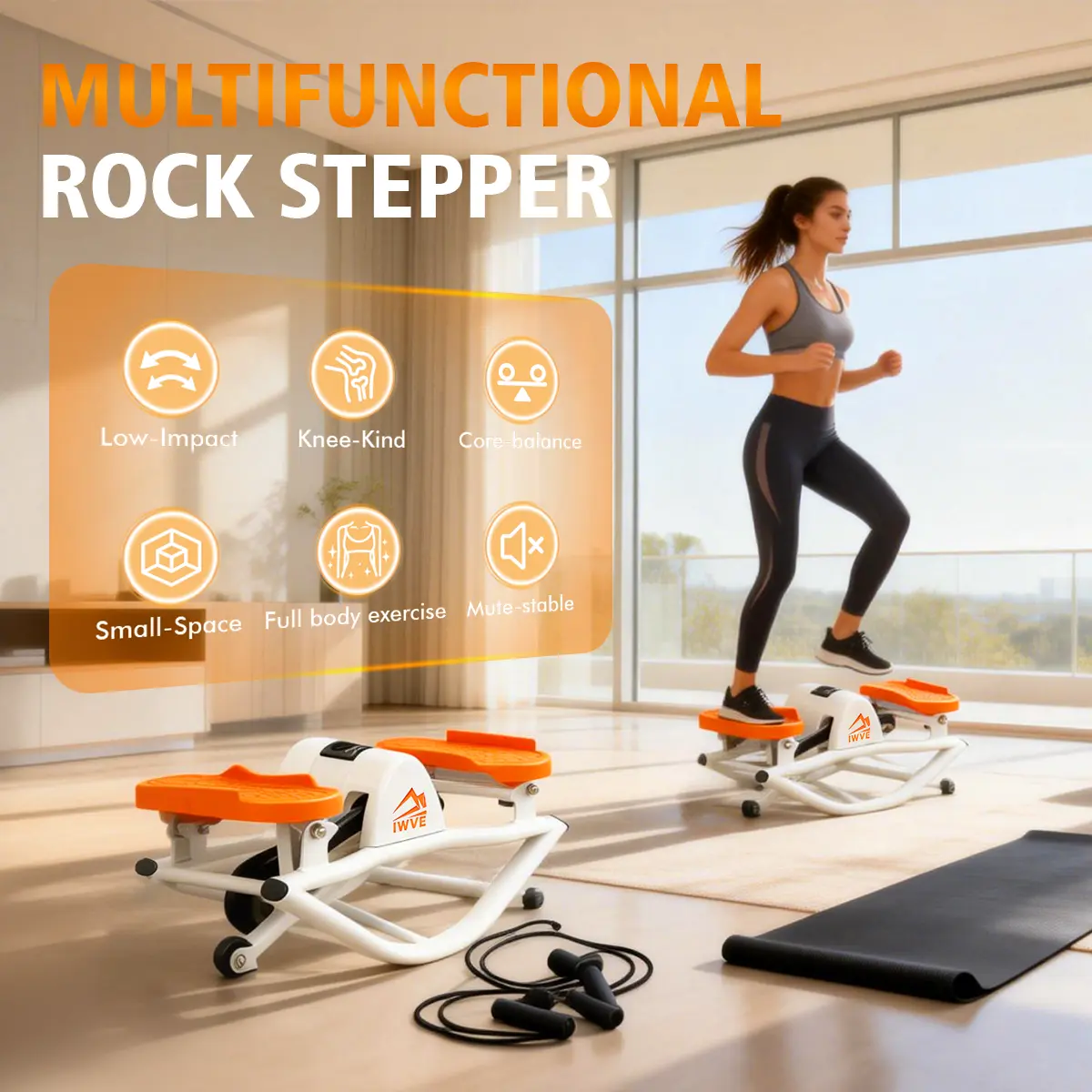 IWVE Mini Stepper with Resistance Band Set, Compact Exercise Equipment for Small Spaces, LCD Display Home Gym Cardio Trainer for Leg Workout & Glute Training, Home Gym Equipment, Compact Fit, Quiet Base, Includes Resistance Bands
