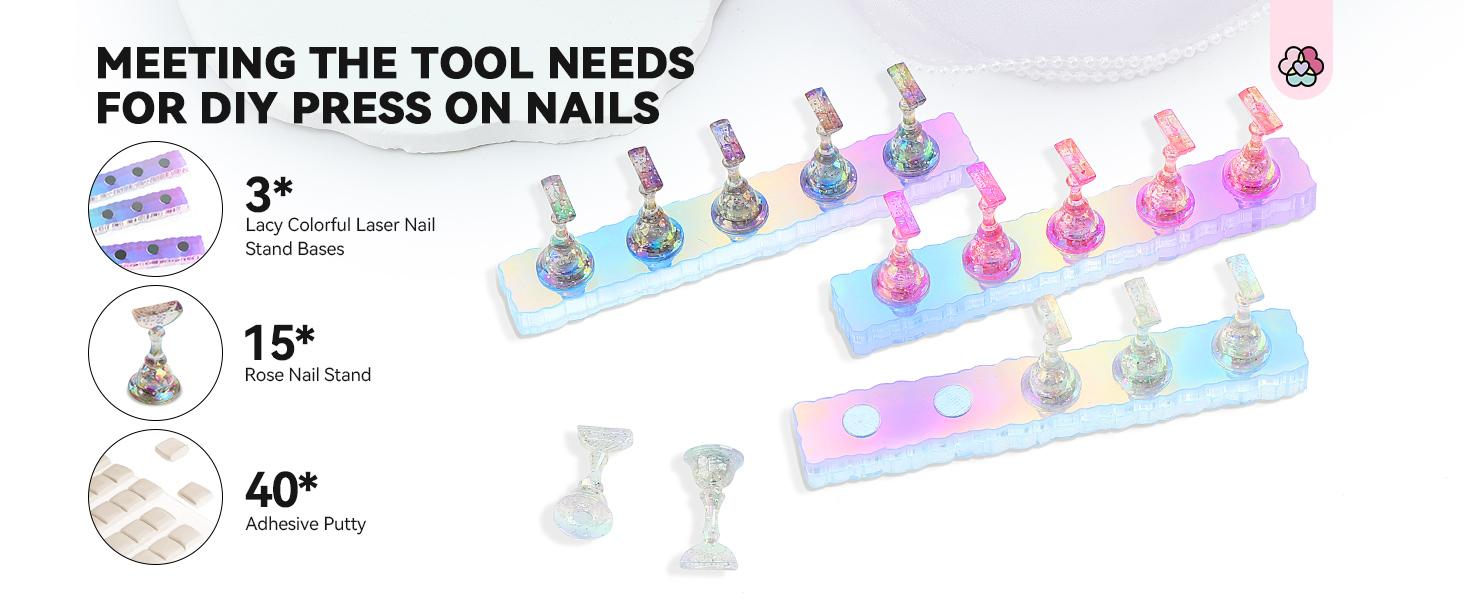 SAVILAND Nail Stand for Press-Ons: 15 magnetic Aurora Nail Holders 40 Reusable Sticky Putty Pieces Nail Painting Practice Beginner Acrylic Tools