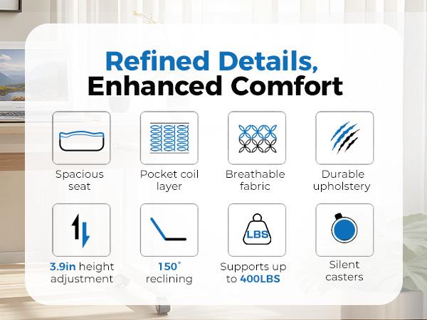 【2026 Upgrade】Comhoma Big & Tall Office Chair - Pocket Spring Lumbar + Wide Padded Seat: Sit All Day Pain-Free for Home Office/Computer Desk (With Soft Outward Armrests & Footrest)