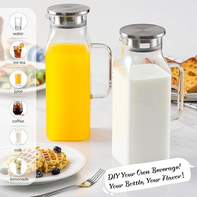 2-piece Set 2L/68oz Small Square Glass Jug With Lid And Handle, Suitable For Refrigerator, Iced Tea And Coffee Water Bottle Storage Containers, Heat And Cold Resistant Borosilicate Water Jug