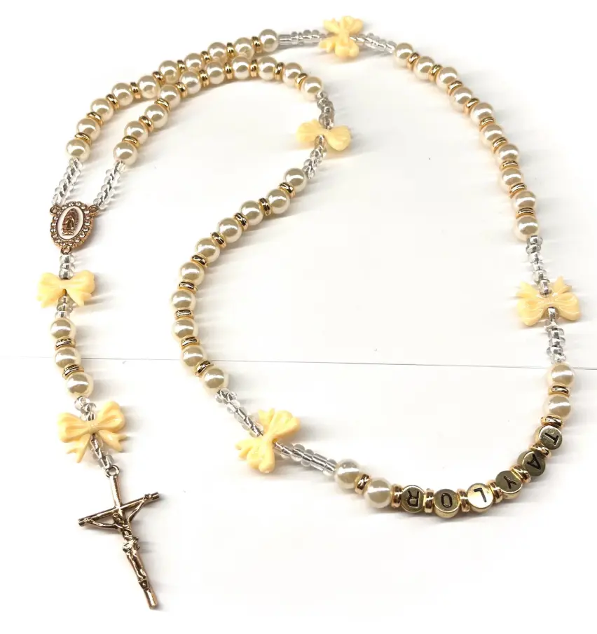 white pearl bow name rosary