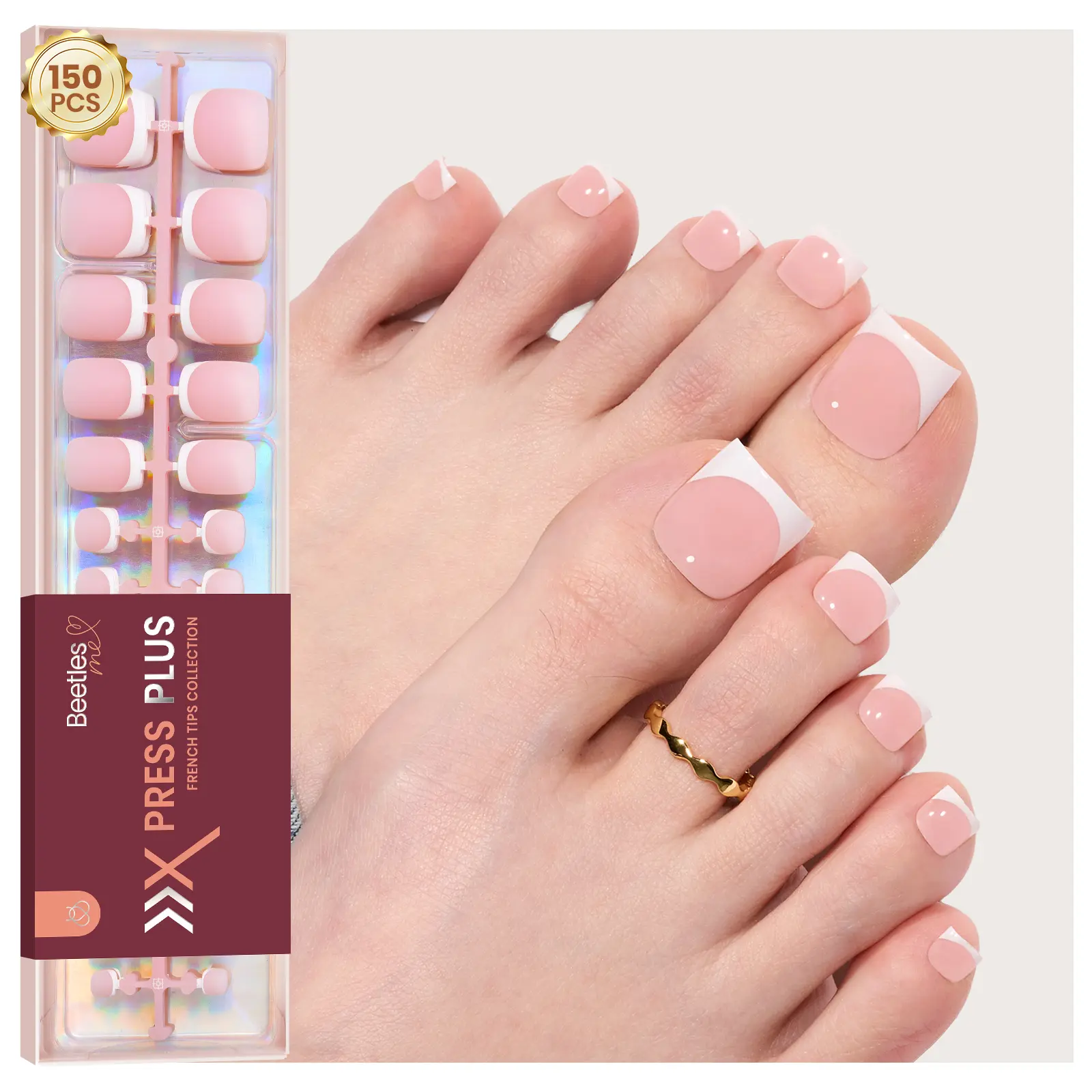 [Exclusive to TTS]Beetles X Press Plus French Tip Toenails - Classic Short Square Press On Toe Nails Natural Salon Quality Gel Nail Tips