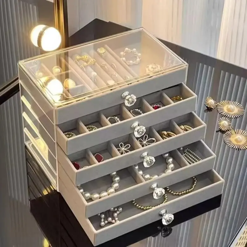 5 Layers Jewelry Velvet Box, 1 Set Large Capacity Jewelry Holder Organizer with Drawer, Lockable Jewelry Storage Boxes for Earring Necklace Ring, Gift for Women