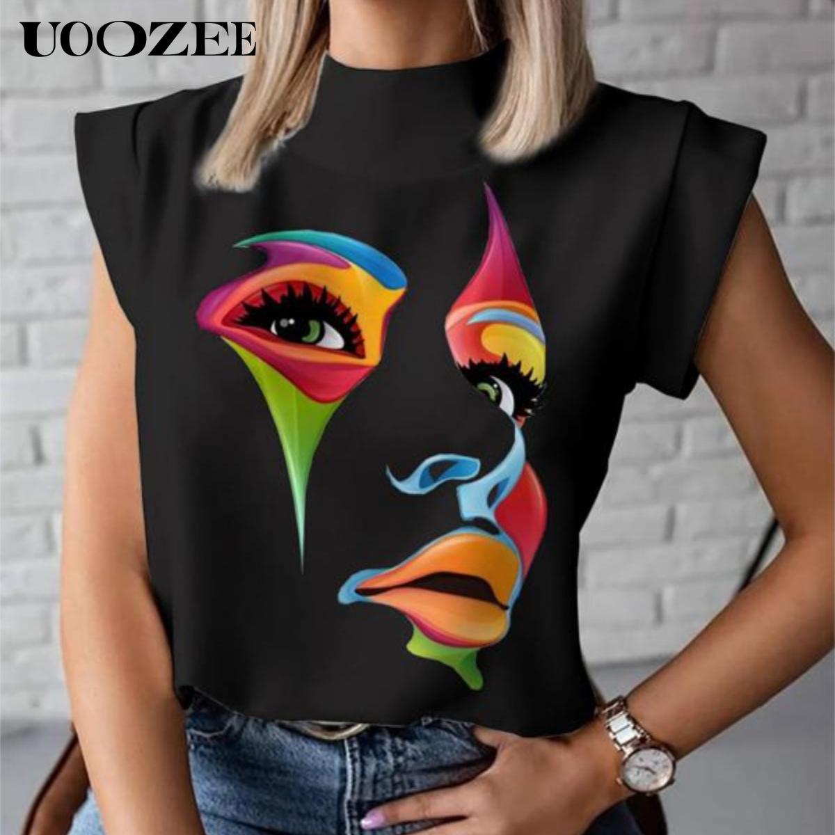 Women's summer comfortable casual cap sleeve loose 3D human face print high collar T-shirt top, daily leisure, comfortable and breathable cute shirt Womenswear Tshirt