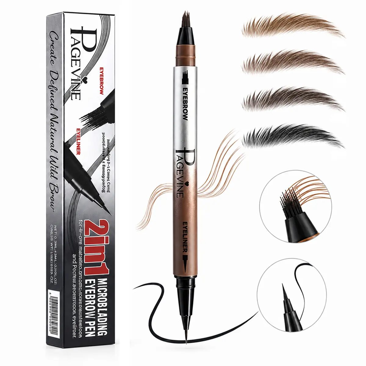 4D Eyebrow Pen for Women, Dual-Ended Microblading Brow Pencil with 4 Tip Fork Applicator and Fine Eyeliner Brush, Hair-Like Stroke Brow Makeup Tool for Natural Fuller Brows, Waterproof Long Lasting.