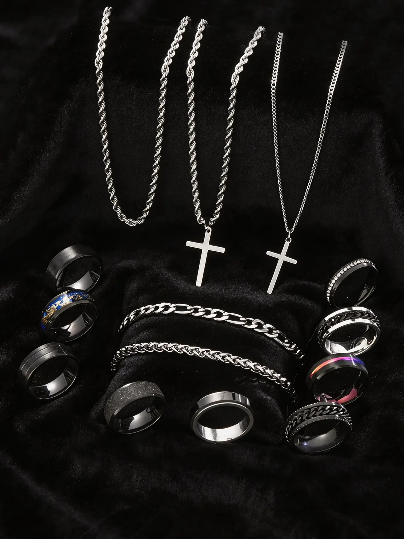 14/55 Piece Stainless Steel Trendy Jewelry Set, Hip Hop Punk Cross Men's Ring Necklace Bracelet, Party Gift for Boyfriend Birthday Father's Day