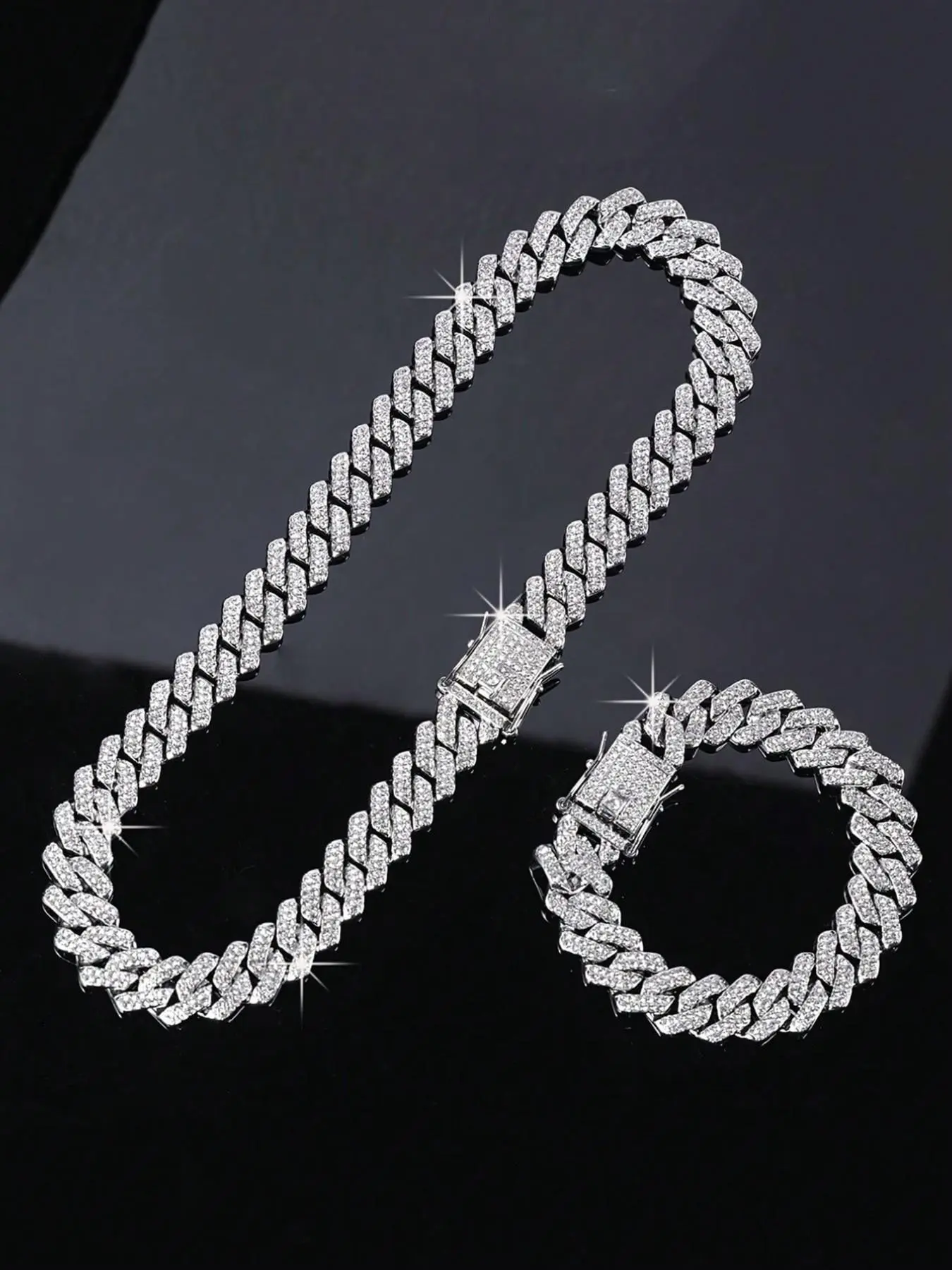 2-Piece Rhinestone Cuban Chain Necklace & Bracelet Set, Unisex Street Party Fashionable Jewelry Set, Bold Design for Men and Women