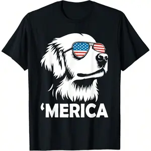 Men's Holiday Golden Retriever 4th Of July Merica Round Neck Cotton T-Shirt - Menswear Top, Unisex Short Sleeve, Soft Breathable Comfortable Fabric, Perfect For Summer Gym Wear