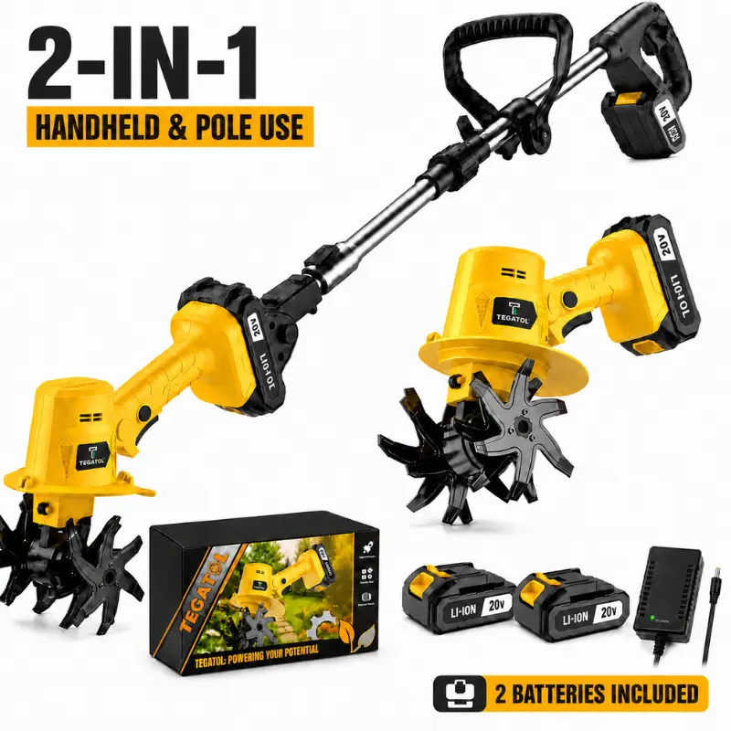 20V Cordless Electric Cultivator Tiller - 2-in-1 Portable Handheld Garden Tool with Extension Pole, Battery-Powered Soil Loosener & Light Weeding Function, 2 Batteries & Charger for Home, Raised Garden Beds, Flower Bed, Vegetable Garden