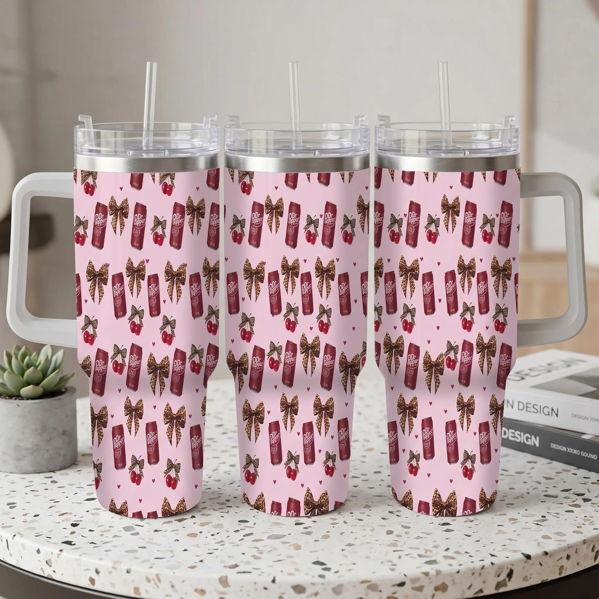 Dr Pepper Cherry Leopard Print Stainless Steel/Plastic Insulated Vacuum Flask - 20oz/30oz/40oz White Handle Portable Drink Bottle with Double-Wall Vacuum-Sealed Lid, Straw, Durable for Car Travel & Outdoor Adventures, Holiday Gift, 30Oz Black Handle