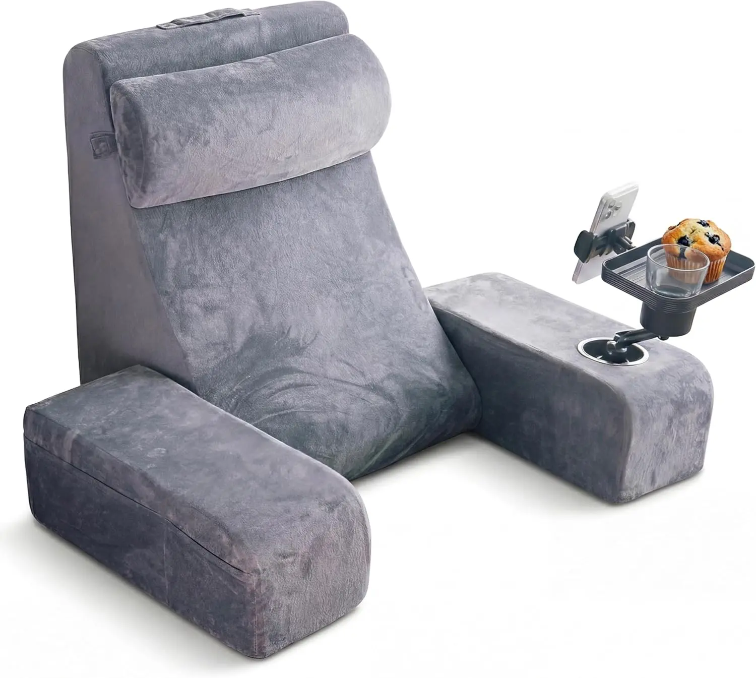 TabCouchCaddy Reading Pillow for Adults – 24” XL Memory Foam Backrest with Detachable Arms, Cup Holder, Phone Caddy & Adjustable Tray Mount | Back Pillow for Bed Sitting Up, Reading, TV & Recovery [Grey]