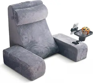 TabCouchCaddy Reading Pillow for Adults – 24” XL Memory Foam Backrest with Detachable Arms, Cup Holder, Phone Caddy & Adjustable Tray Mount | Back Pillow for Bed Sitting Up, Reading, TV & Recovery [Grey]