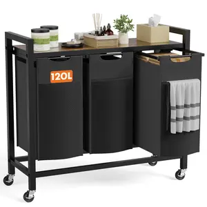 Laundry Hamper Sorter with Shelves and Wheels, Pull-Out Bags and PP Plastic Panel Support, Industrial Rolling Clothes Hamper with Rustic Wood Top for Laundry Room Bathroom Bedroom