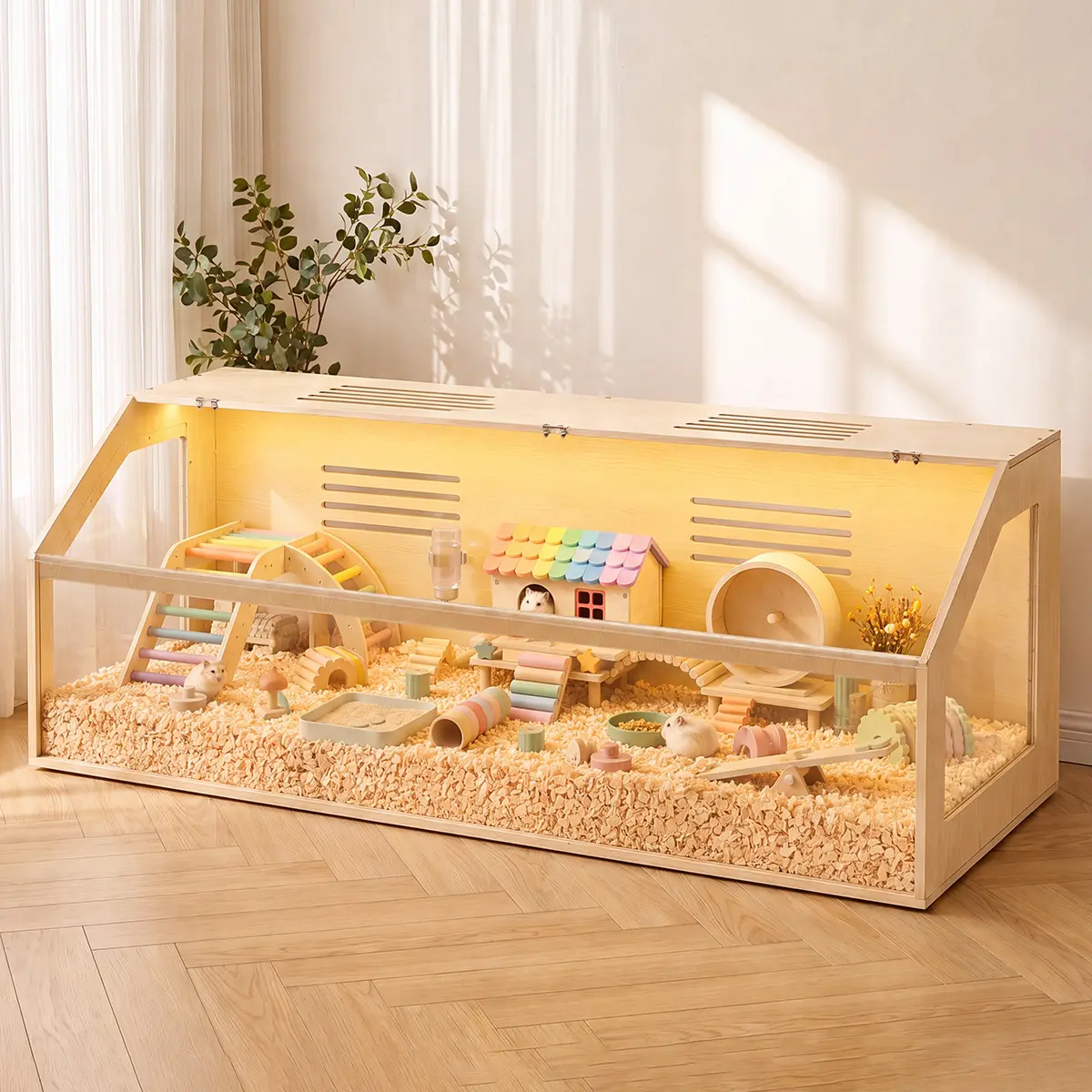 PETCOZIFE Wooden Hamster Cage Habitat - Small Animal House with Acrylic Boards, Ample Space for Running and Exploring, Suitable for Guinea Pigs