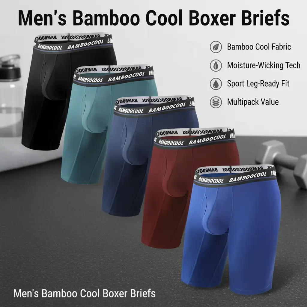 BAMBOO COOL Men's Long Boxer Briefs Performance Long Leg Sports Underwear MultiPack Soft Comfortable Breathable Skin-Friendly High-Quality Material Moisture-Wicking Stretch Elastic summervibes,summerwins