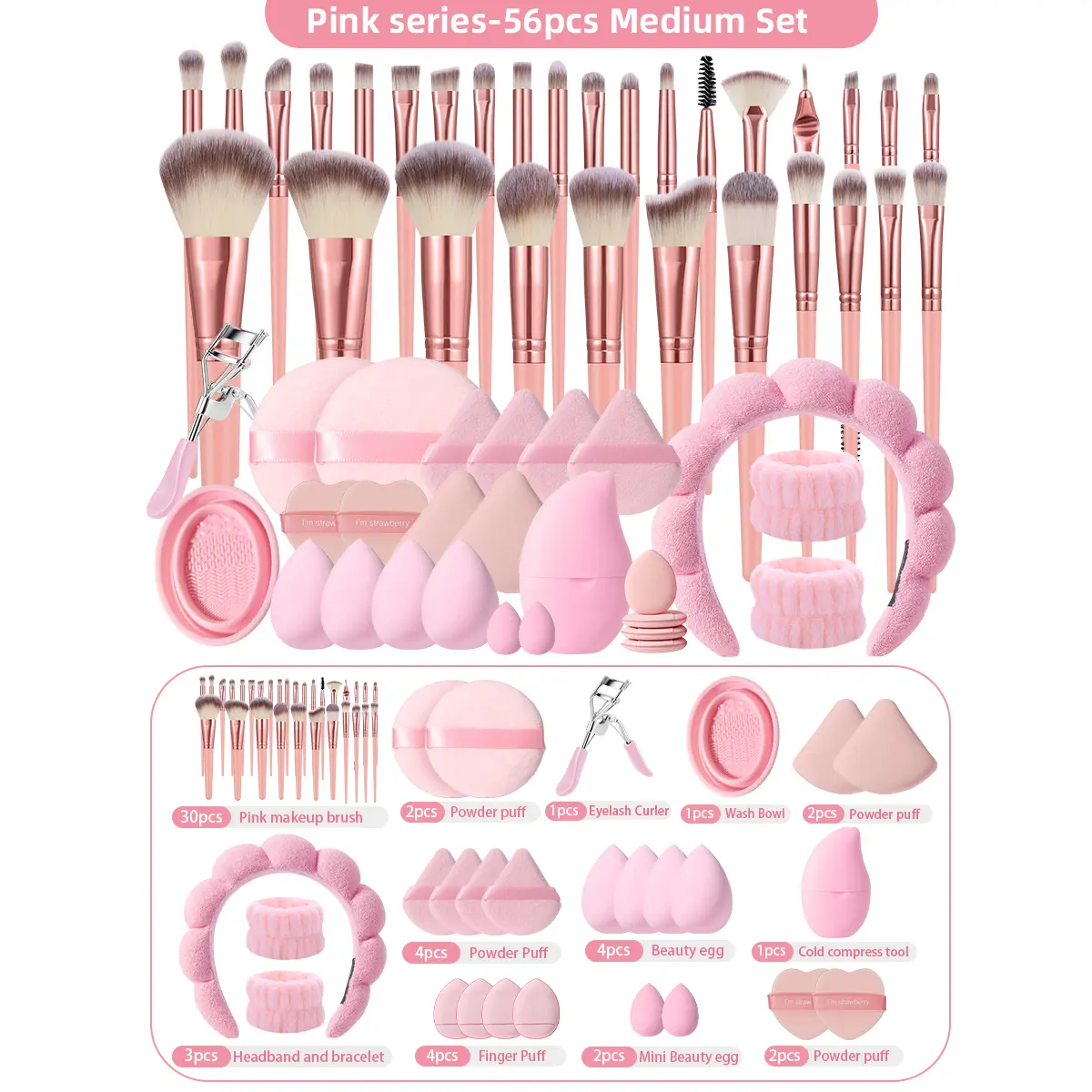 Beginner-Friendly 56-Piece All-In-1 Cosmetics Makeup Tool & Beauty Set - 30 Brushes,10 Puffs,4 Beauty Sponges,2 Mini Blenders,4 Finger Puffs,1 Eyelash Curler,Cleaner,Cold Compress Tool,Fleece Headband,2 Wrist Bands - Daily Makeups Gift Set for Women, Beau