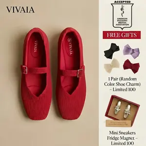 VIVAIA Women's Square-Toe Knit Mary Janes Ballet Flats,Adjustable Strap With Herbal Arch Support Insole,Machine Washable / Blister-Free Heel / Foldable & Lightweight Retro Chic (Margot Mary Janes) Free Shoe Charm Designated Color Until Sold Out Randomly