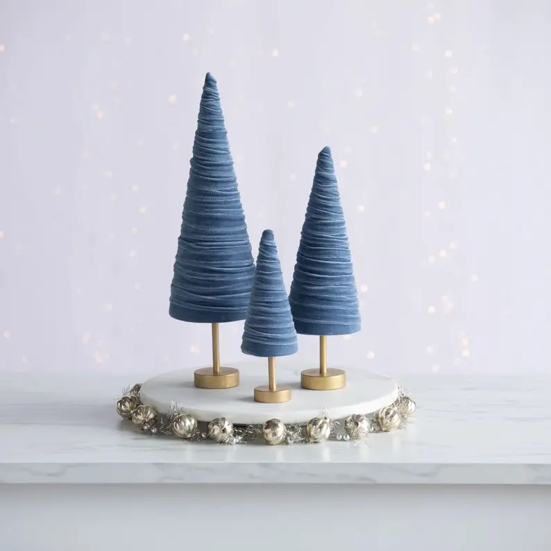 Slate Blue pedestal velvet trees set of 3, everyday mantel décor, boy nursery, tablescape, wedding centerpiece, modern Valentine's