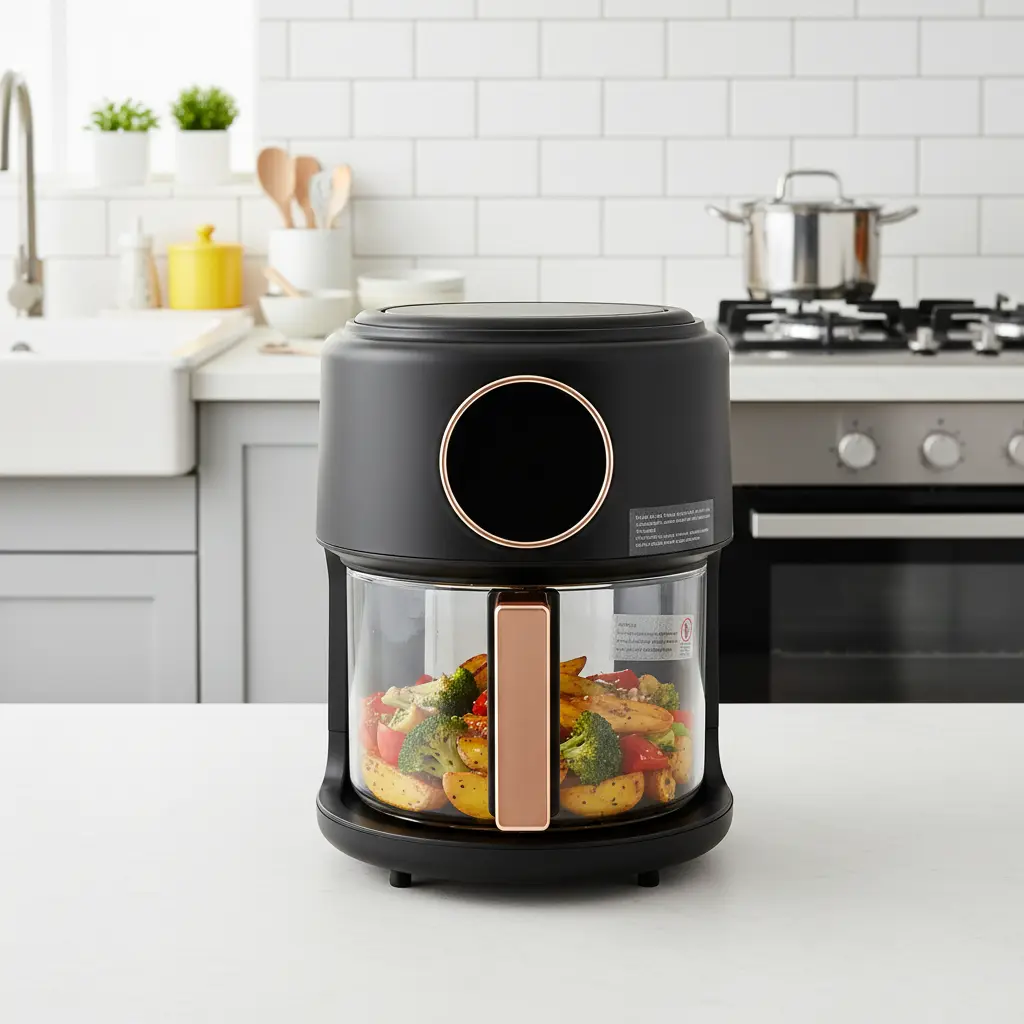 4.2L Touchscreen Adjustable Temperature Fryer - 1200W, 80-200℃ Timer, Oil-Less Cook Kitchen Appliances, Household Appliances, PP & Glass Tabletop Unit for Home Essentials, Restaurants with 360° Viewable Design, 37.5*29.2*29.2Cm
