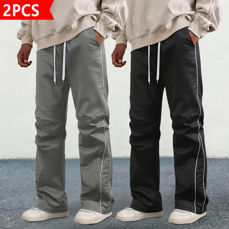 Men's Stacked Track Pants 2-Pack - Streetwear Hip Hop Contrast Piping Wide Leg Pants, Drawstring Waist Casual Baggy Trousers, Lightweight Satin Fabric for Daily Wear, Hip Hop & Street Style. Beige Crewneck Men's Stacked Track Pants 2-Pack - Streetwear Hip Hop Contrast Piping Wide Leg Pants, Drawstring Waist Casual Baggy Trousers, Lightweight Satin Fabric for Daily Wear, Hip Hop & Street Style. Beige Crewneck
