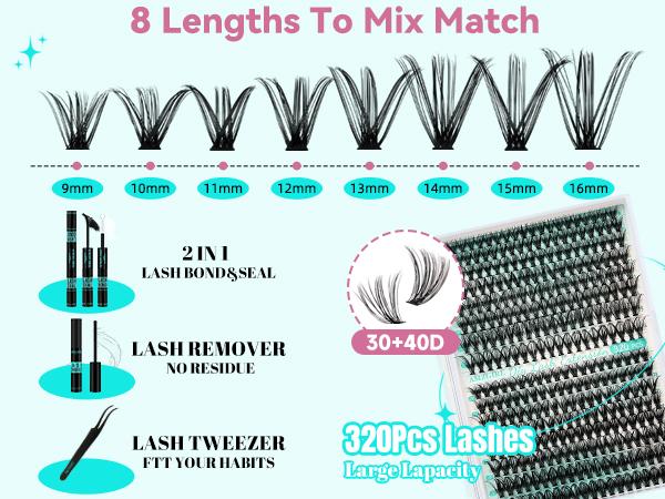 AMZGIRL LASH  DIY Cluster Lash Extension Kit 30D+40D 40+50D Eyelashes 320 Clusters Waterproof Bond and Seal DIY Lash Extensions Lash Clusters Waterproof Lash Clusters Kit  Makeup Cosmetic for Summer Outfits & Vacation Looks