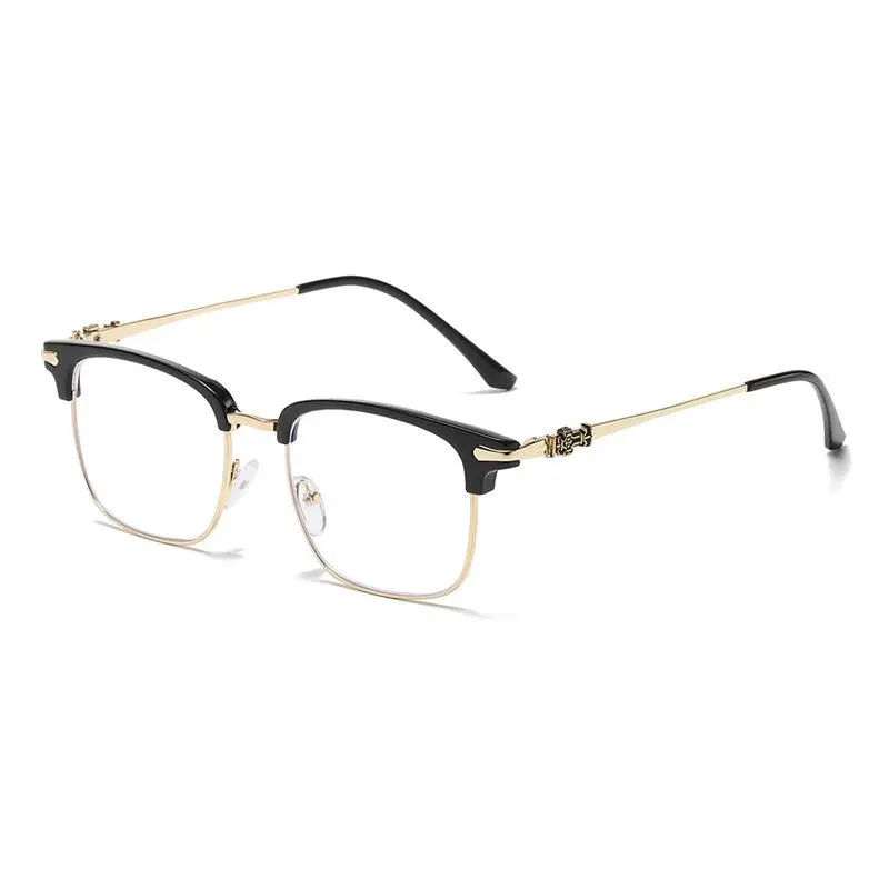 Men's Browline Bluelight Blocking Glasses - Black Acetate Top, Gold Metal Bottom Frame, Vintage Cross Decor Temple, Lightweight Frame, Stylish Protective Anti-Eyestrain Computer Eyeglasses, Lightweight Frame Glasses