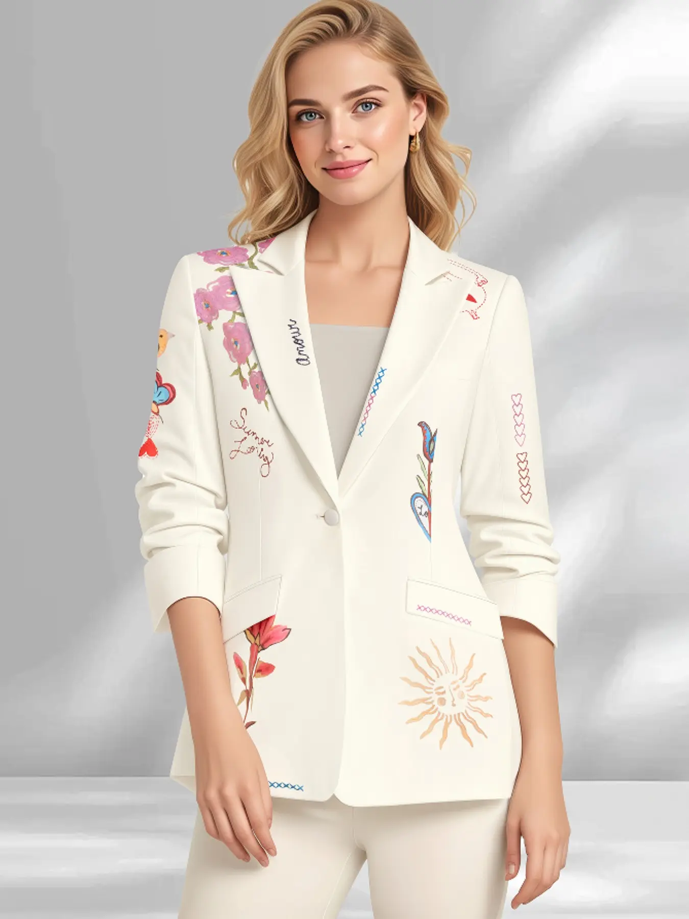 High-End Versatile Fashion Workwear Slim Fit Professional Floral Print Notched Lapel Blazer Jacket, Lapel Neckline Blazer, Stylish Career Wear, Perfect for Travel and Office, Work Office Clothes, Womenswear