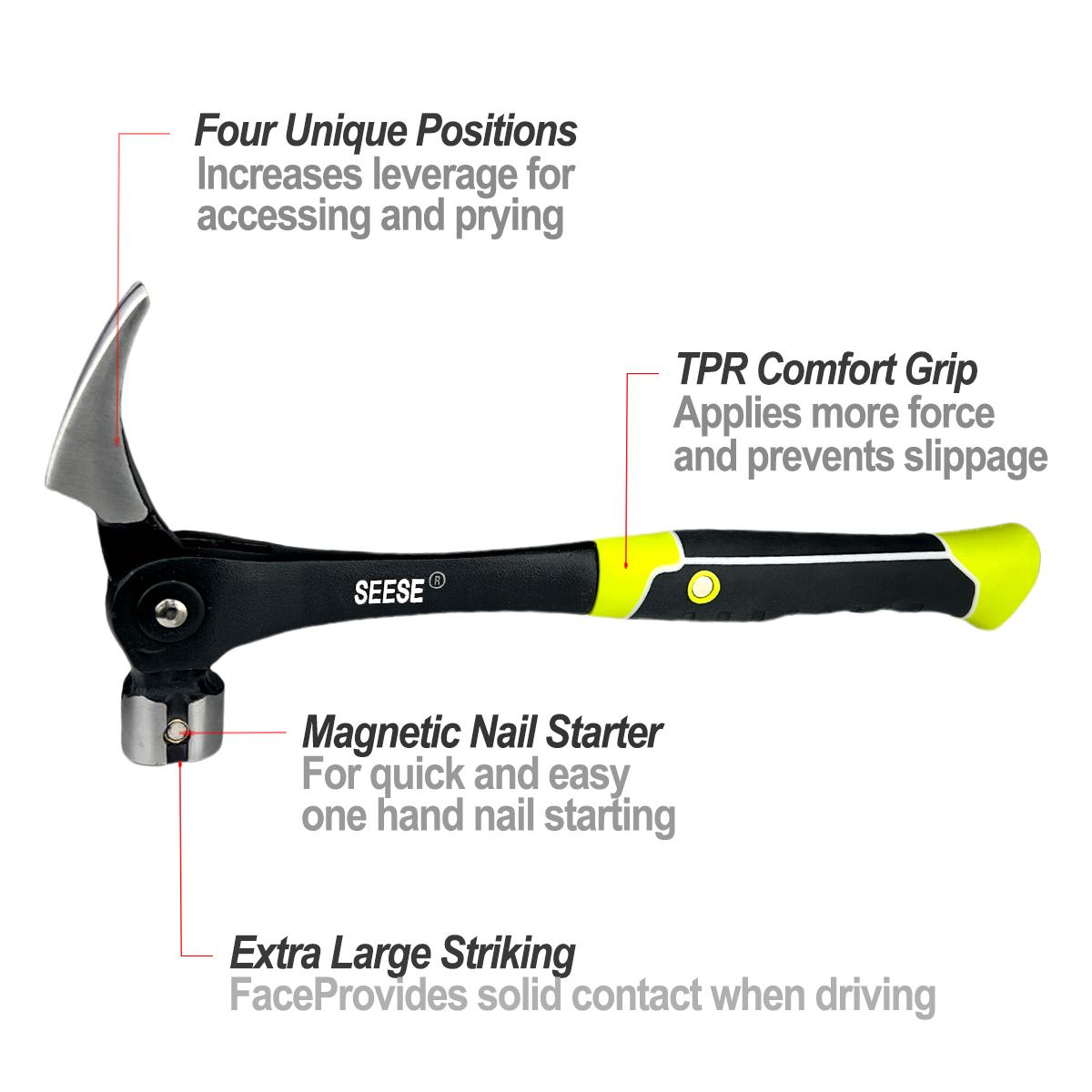 SEESE 16oz Claw Hammer with Magnetic Nail Starter Indexing Rip Claw Forged Steel Head Shock Absorbing TPR Grip Heavy Duty Framing & DlY Tool ,Gift for Thanksgiving