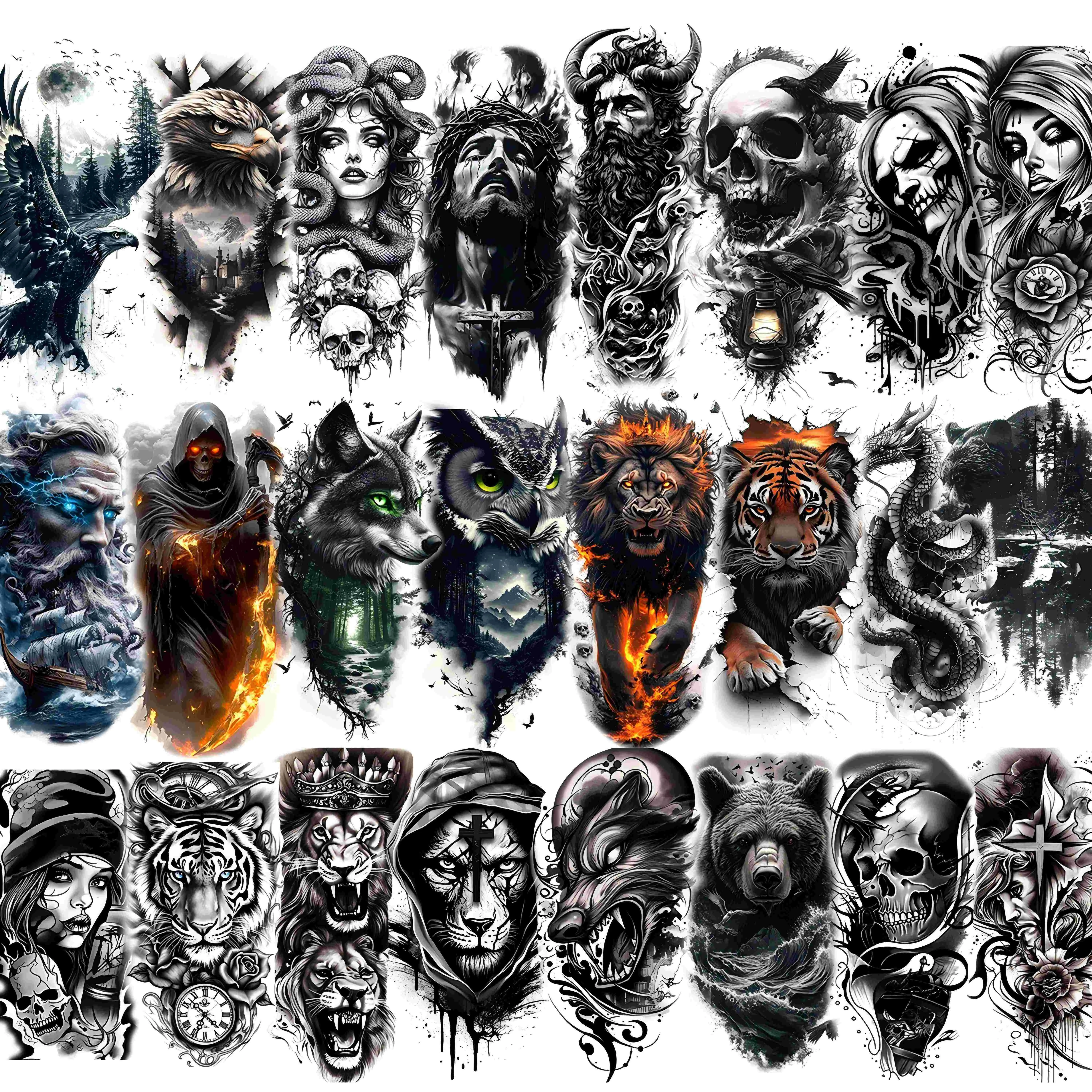 glaryyears Temporary Tattoos for Men Women, 24-Pack Half Sleeve Long-Lasting Tattoo Art Stickers with Lion & Skull Designs for Gym & Concerts, Fake Tattoos