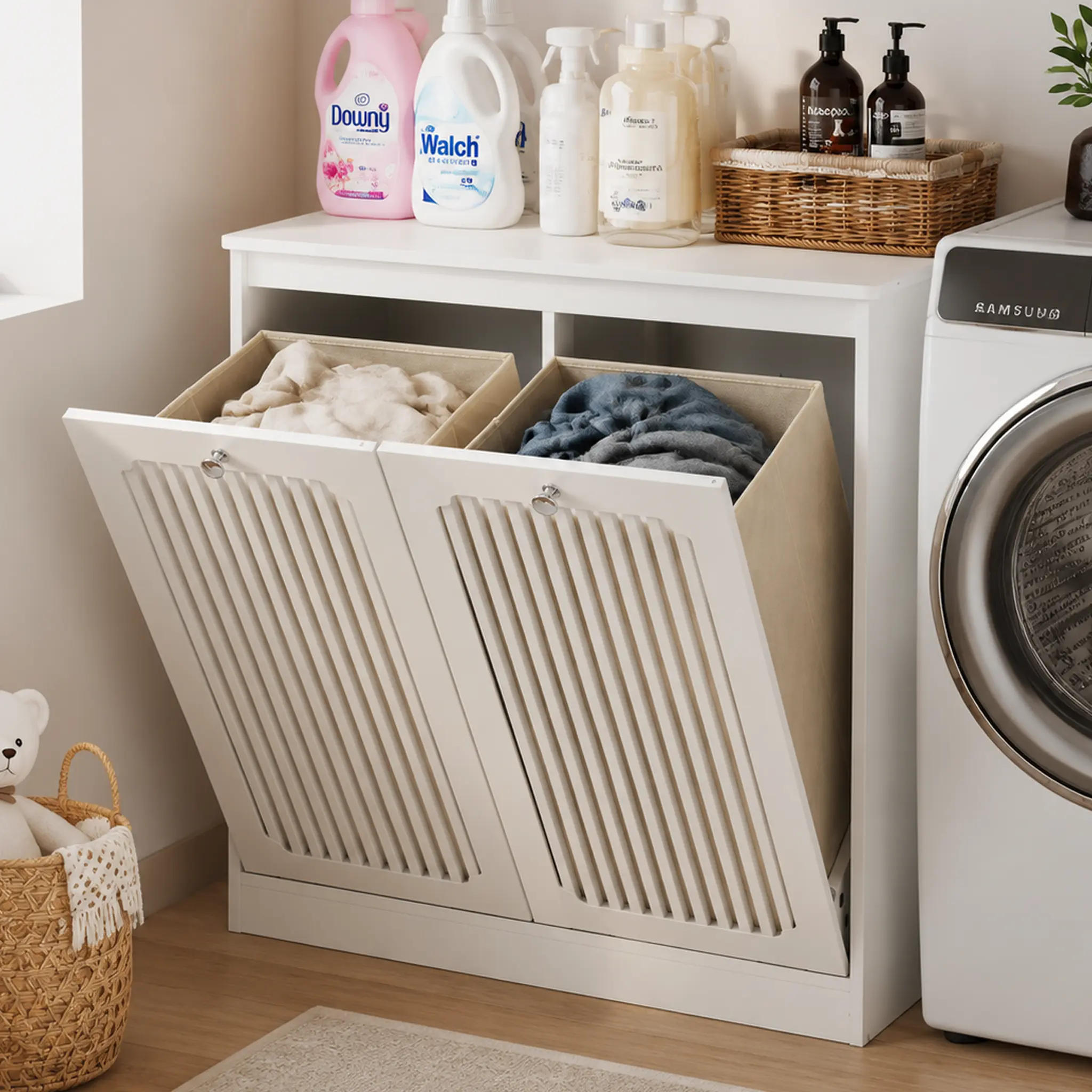 Modern Floor-Stand Particle MDF Flip-Top Louvered Laundry Basket Cabinet, 2-Section Fabric Storage Cupboard with Ventilated Doors, White - Ideal for Balcony, Bathroom