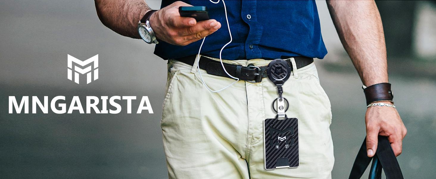 MNGARISTA Retractable Badge Holder, Heavy Duty Badge Reel Keychain with Belt Clip, 3K Carbon Fiber ID Card Holder Lanyard with 32.26" Retractable Key Chain, Black SpringStatements