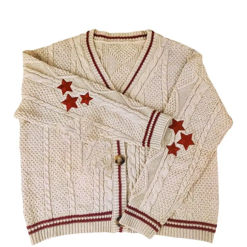 Women's Retro Star Print Cardigan, Chic Preppy V-Neck Long Sleeve Knit Sweater for Autumn Winter, Knitting, Casual, Lady, Knitwear, Longsleeves, Comfortable, Style, Fitted, Vintage, Button