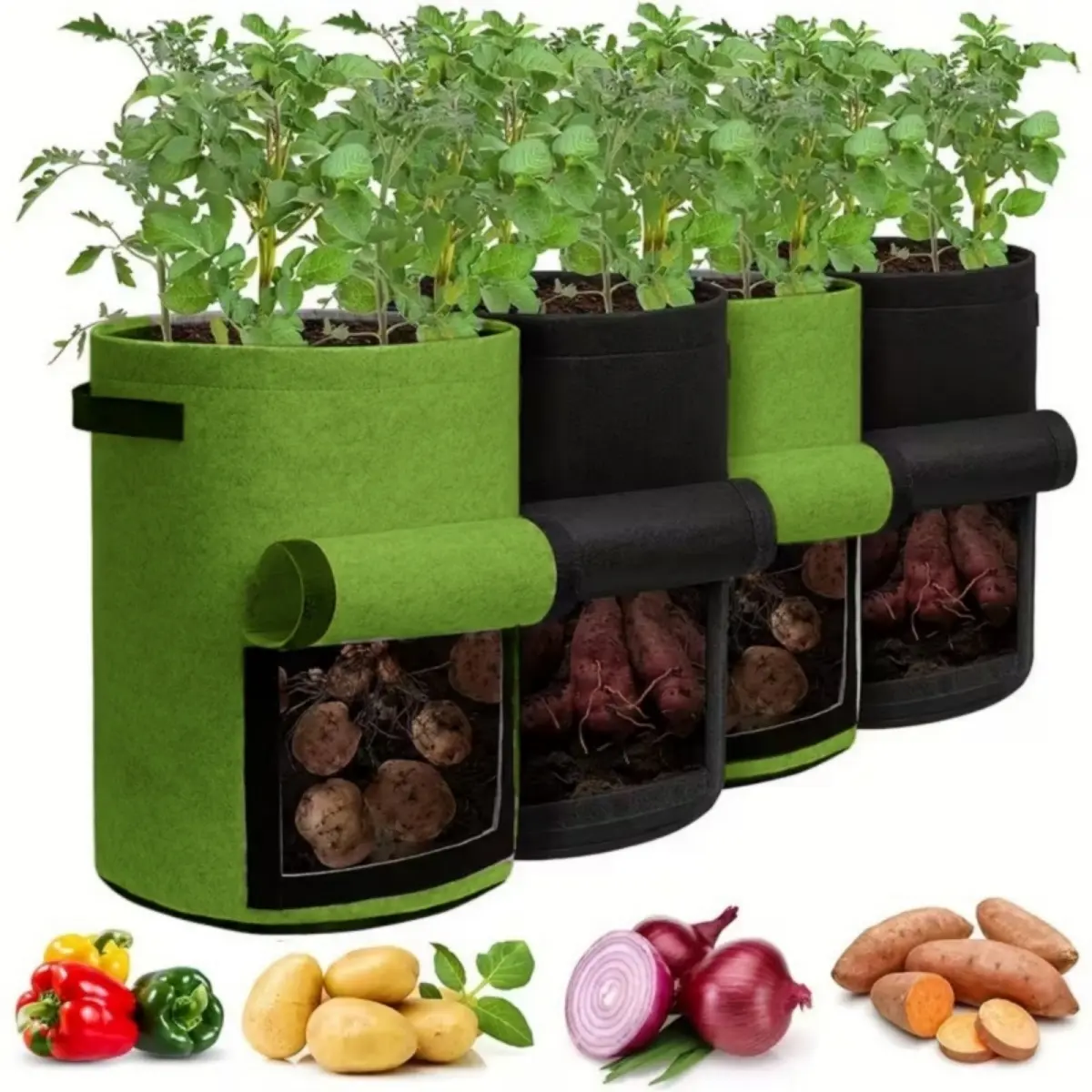 Reusable Fabric Grow Bags (4-Pack, 10 gal, Double Layer) – Reusable Planting Bag with Flap for Easy Harvest, Handles, Harvest Window, Rinses Clean & Dries for Easy Reuse for Potatoes, Tomatoes, Vegetables (Black & Green/Black & Gray)